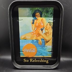 Coca Cola Black Serving Tray with Orange Accents and Retro Pool Scene